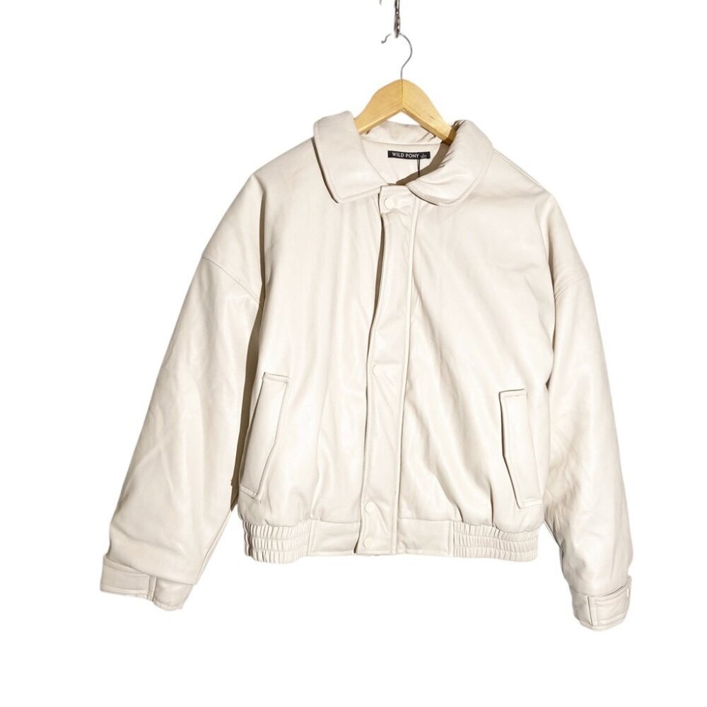 NWT Wild Pony cream vegan leather bomber jacket size L - Picture 2 of 6